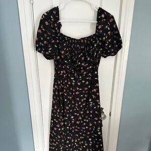 Black Floral Puff Sleeve Midi Dress